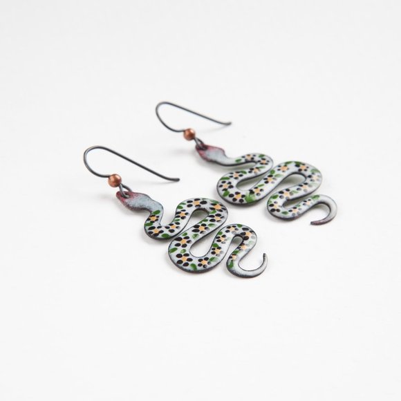 Handmade Copper Enamel Snake Earrings Reptile Rustic Nature Animal Jewelry Boho - Picture 7 of 9